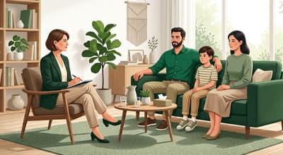 Therapist facilitating a session with a family of three seated together