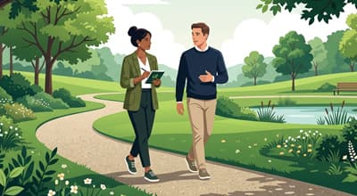 Therapist and client walking together along an outdoor park path during a walk-and-talk session